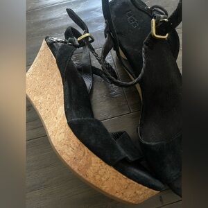 UGG Cork Wedge Braided Suede Bohemian Sandals D'Alessio Black 3" Heel Size 9